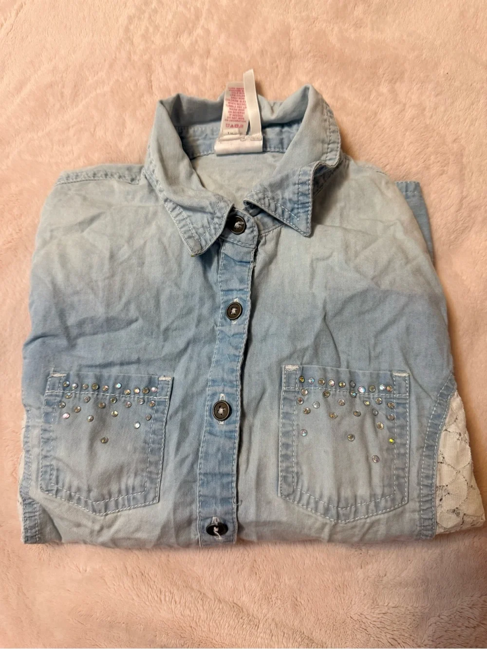 Justice Light Blue Denim Button-Down Shirt with White Lace Panels